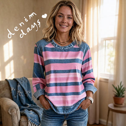 THE FREJA | Blød stribet top med denimdetaljer